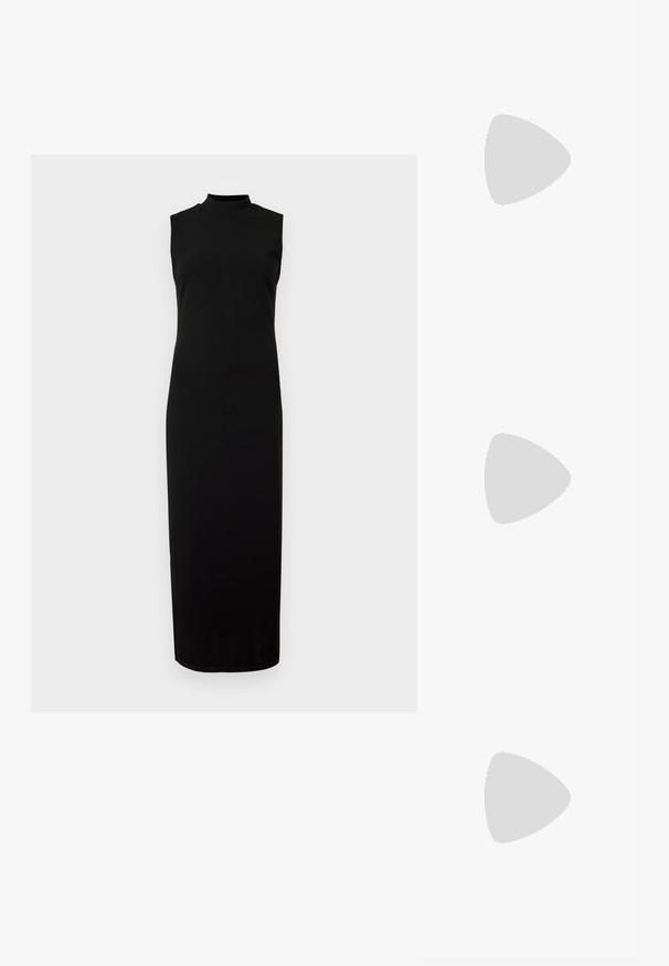 Sort ærmeløs kjole med høj hals. Lavet af et glat, strækbart stof. Tæt figursyet form med en lang, lige kant. Ingen synlige mønstre eller detaljer.; Sorte spidse slingback-sko lavet af glat læder. Har en tynd hæl og en spænde detalje på den justerbare rem.; Sort læderhåndtaske med en rundet form, dekoreret med sølvnitter, og et kort håndtag. Glat tekstur og lynlåslukning.; Sølvstjernede øreringe med en poleret, blank overflade. Hver ørering har fem spidser og subtile teksturdetaljer på overfladen.