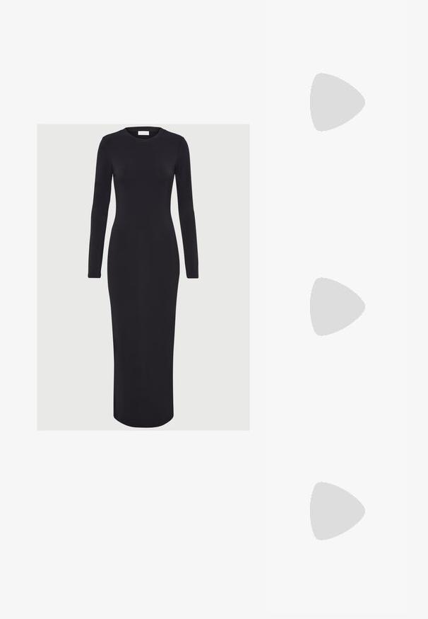 Langærmet, tætsiddende sort kjole lavet af strækstof, med rund halsudskæring og lige silhuet, der når til midten af læggen.; Sorte patenterede læderslingbacks med spidse tæer, lav blokhælt og justerbar ankelrem med guldspænde.; Mørkebrun læderhåndtaske med opsamlede plisseringer, guldfarvet hardware og en enkelt skulderrem mod en enkel lys baggrund.; Sølv hoop øreringe med et hjerte og en diamantformet vedhæng. Glat tekstur med en poleret finish.