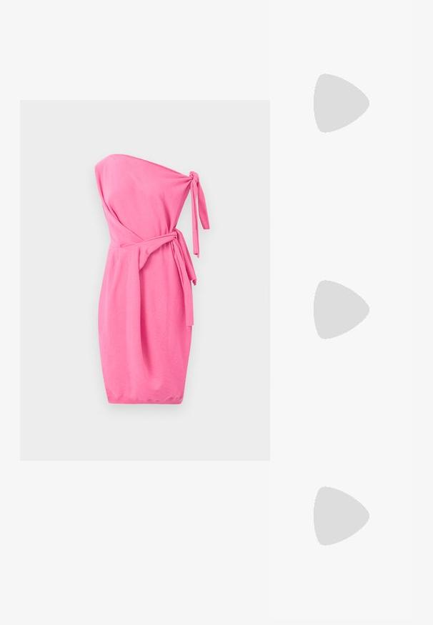 Strapless pink dress made of soft fabric, featuring a tied waist and a fitted silhouette with a ribbed hem.; Black patent leather pointed-toe slingback shoe with T-strap and low angled block heel on white background.; Small soft pink clutch purse with silver metal frame and round clasp, resting on a flat light surface with wrist strap folded in front.; Silver hoop earrings with pearl and crystal accents, featuring a textured surface and a secure post closure.