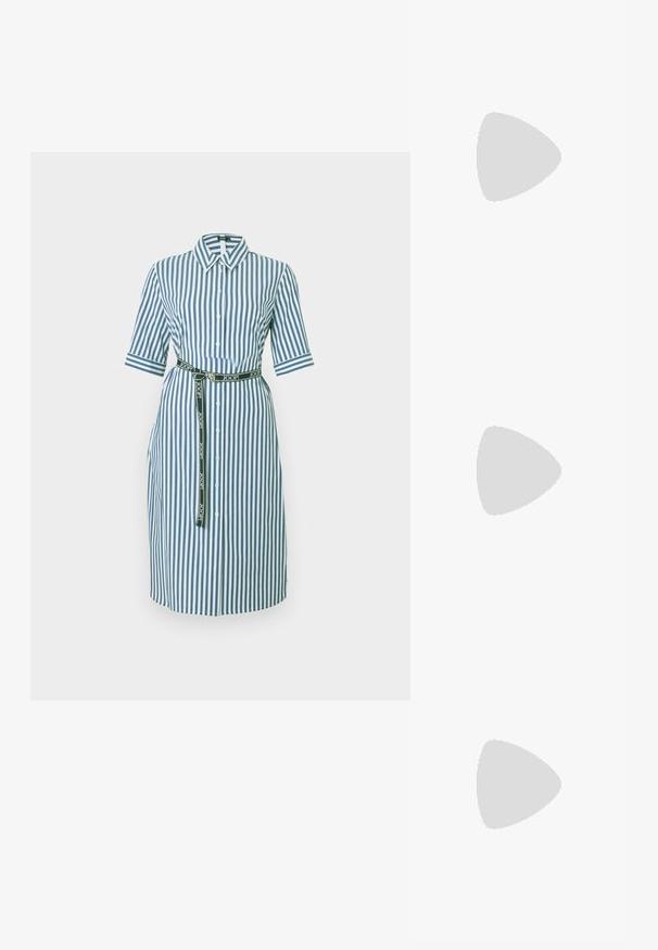 Robe chemise midi à rayures verticales bleu et blanc, manches courtes, boutonnée à l'avant, col pointu, et ceinture noire de marque à la taille.; Chaussure plate noire à bout pointu avec deux fines brides à boucle flottant au-dessus d'un tapis beige, avec une table basse en bois et des livres en arrière-plan.; Sac à épaule en cuir noir avec une bandoulière unique et un petit détail de boucle dorée à l'avant, sur un fond clair uni.; Paire de boucles d'oreilles anneaux en argent poli avec un design de barre incurvée superposée sur un fond clair uni.