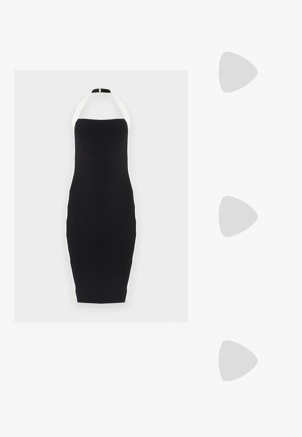 Μαύρο εφαρμοστό midi φόρεμα halter με λευκές λωρίδες στο πλάι και κλείσιμο με φερμουάρ στην πλάτη.; Μαύρο δερμάτινο μπαλαρίνι με στρογγυλή μύτη, λεία υφή, ελάχιστες λεπτομέρειες ραφής και σχεδίαση ευέλικτης σόλας.; Μπεζ τσάντα ώμου από νάιλον με καμπυλωτό σχήμα, μαύρη λαβή από σκοινί και φερμουάρ κλεισίματος. Διαθέτει μαύρο λογότυπο στο μπροστινό μέρος.; Σκουλαρίκια μεσαίου μεγέθους σε ασημί απόχρωση με ανοιχτό σχεδιασμό σπείρας, διακοσμημένα με μικρούς διάφανους κρυστάλλους και κλείσιμο με πίεση σε απλό ανοιχτό φόντο.
