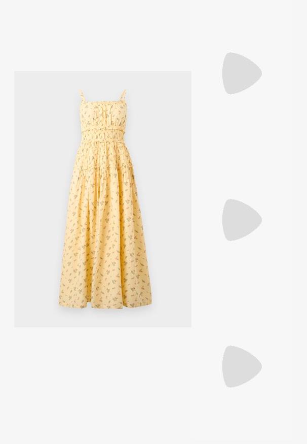 Robe maxi jaune sans manches avec imprimé floral, corsage froncé, taille à volants et fines bretelles.; Filippa K REY FLATS - Ballerines - bright red; Sac hobo avec un extérieur en cuir lisse de couleur crème, une forme arrondie et des accents matériels en argent minimalistes au niveau de la poignée.; Boucles d'oreilles en argent avec un design texturé et bosselé. Fabriquées en métal, elles disposent d'une fermeture à tige sécurisée et d'une finition polie.