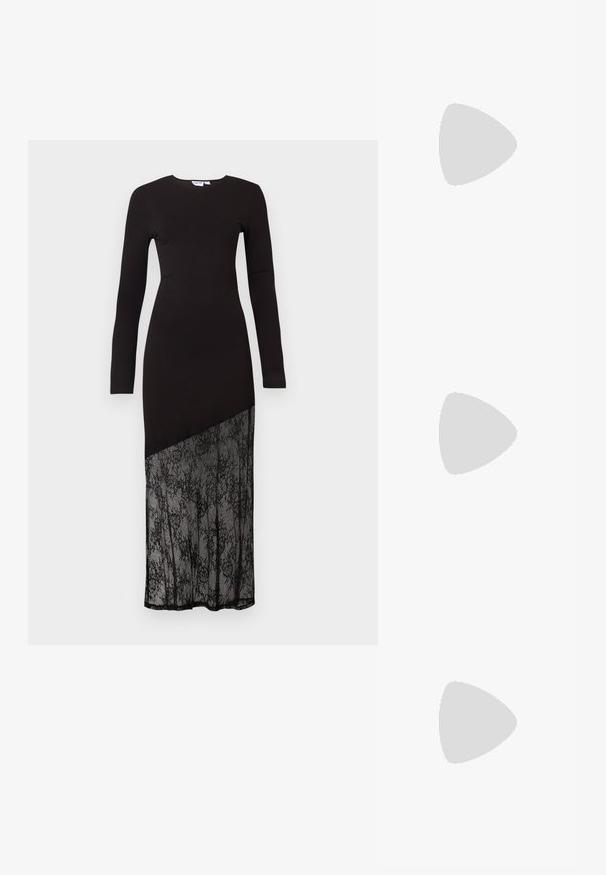 Zwart lang mouwjurk met een getailleerde top en een semi-transparante kantpaneel aan de onderkant, wat een stijlvolle, moderne silhouet creëert.; Zwart lakleren slingback damesschoen met hoge hak, puntige neus en dunne naaldhak, tegen een witte achtergrond.; Osoi SHOULDER BROCLE - Handtas - stone black; Gouden dubbele ketting met schakels en rode edelstenen hangers, één in druppelvorm en één rond met zwarte en gouden accenten.