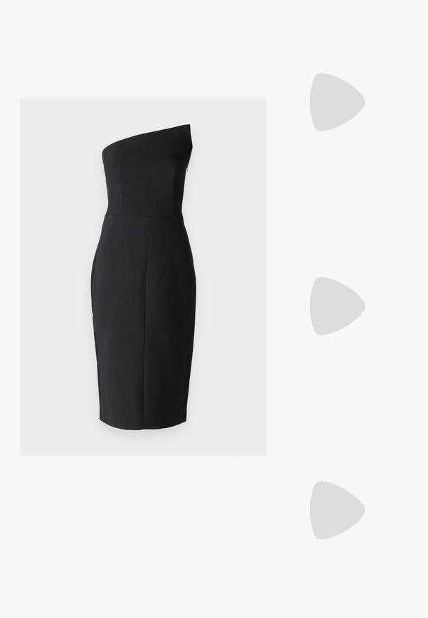 Robe noire ajustée avec un design asymétrique sur une épaule. Fabriquée en tissu lisse, elle présente un corsage structuré et une jupe arrivant au genou. Sans fermetures visibles.; Sandales à talons hauts noires avec un dessus en cuir lisse, bout ouvert et un design à une seule sangle agrémenté d'une boucle en or.; Pochette rectangulaire dorée à finition brillante, fermoir en métal et courte anse en chaîne dorée sur un fond uni clair.; Boucles d'oreilles pendantes dorées présentant un design en grappe avec des cristaux clairs ronds et en forme de goutte, mettant en valeur des détails élaborés.