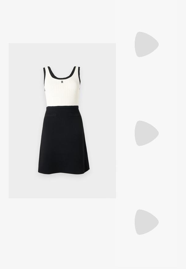 Robe sans manches noire et blanche avec haut blanc côtelé, bordure noire, emblème décoratif sur la poitrine, et jupe trapèze noire unie avec deux poches avant.; Chaussure slingback plate en cuir noir avec petit talon et trois nœuds décoratifs sur le dessus, vue latérale sur fond blanc.; Sac à main noir avec une forme structurée, doté d'une poignée supérieure, d'une bandoulière et de clous décoratifs en métal à l'avant.; Boucles d'oreilles en argent en forme de créoles avec des accents de perles et de cristaux, présentant une surface texturée et une fermeture à tige sécurisée.