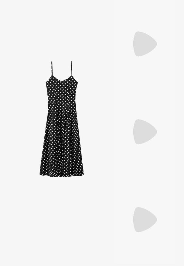 Robe midi noire à pois blancs, bretelles spaghetti et corsage ajusté s'évasant en jupe trapèze.; Ballerine beige en cuir avec bout arrondi, petit nœud à l'avant et semelle plate marron.; Sac d'épaule en tissu brun texturé avec une sangle fine et une fermeture éclair supérieure, sur fond blanc uni.; Ceinture en cuir noir avec une boucle en métal doré, dotée d'une texture lisse et d'une longueur ajustable. Comprend un petit détail en métal près de la boucle.