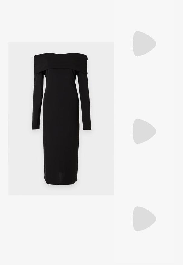 Robe noire décolletée avec des manches longues, design ajusté et longueur midi. Texture lisse avec un col haut et des détails minimalistes.; Chaussure à talon haut en cuir noir avec un bout pointu, texture lisse et un talon effilé. Design minimaliste, sans embellissements supplémentaires.; Sac à épaule en cuir noir à texture crocodile, avec de longues sangles et un petit charm logo argenté sur une sangle.; Longues boucles d'oreilles en or composées de quatre barres incurvées allongées reliées entre elles sur fond blanc.