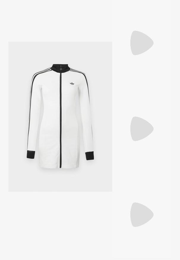 Hvid lynlåstrøje med sorte detaljer, der har lange ærmer, høj krave, adidas-logo og tre sorte striber på hver skulder.; Hvid sneaker med lavt snit og brune læderstriber, snørelukning og en sål i gummi, vist fra indersiden på en hvid baggrund.; Sorte ovale solbriller med tynde arme og rødtonede linser, der ligger på en hvid overflade.; Sort læderhandtaske med to korte håndtag, sølvhardware, hvide accenter og et hvidt logo. Har en struktureret overflade og et kompakt design.