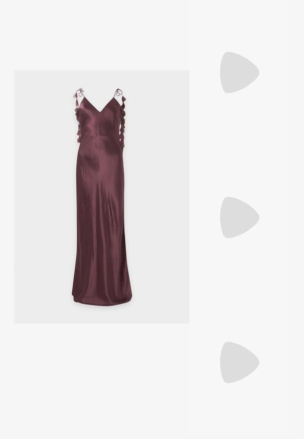 Long, dark purple satin dress with thin shoulder straps and side cutouts decorated with circular fabric details.; Black patent leather sandal with three straps, ankle buckle, and 4-inch stiletto heel. Features gold hardware detail and logo charm.; Black bag made of smooth fabric, featuring a structured shape, a gold chain handle, and minimalist geometric design.; Gold hoop earrings with a smooth, curved shape and polished finish. Features a clasping mechanism and slight indentations for detail.
