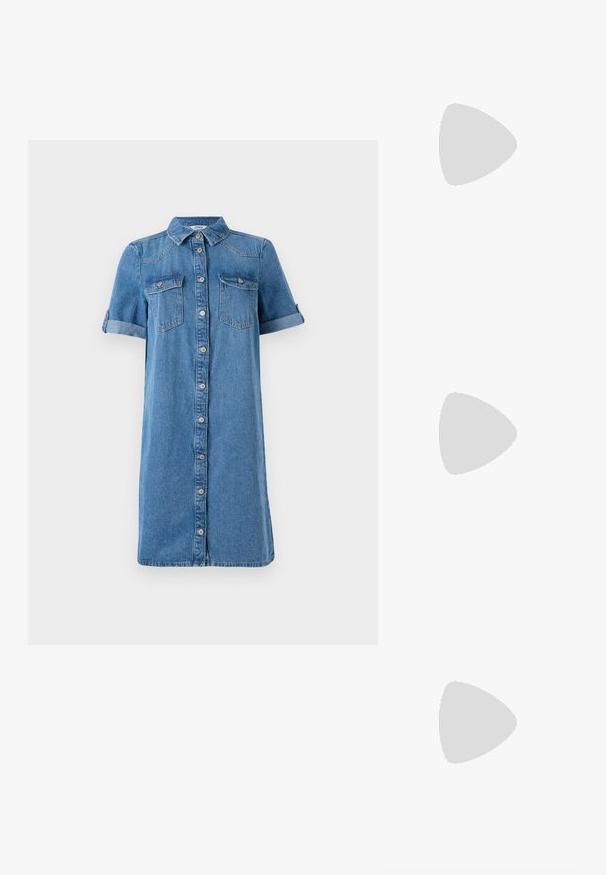 Denimkleit lühikeste rullitud varrukatega, nööbifront, kaks rinnataskut ja ühtlane sinine värv. Omab kraega kaelaauku ja põlveni ulatuvat lõiget.; Mustat nahast Mary Jane kingad, millel on patendist varvas, reguleeritav pahkluu rihm ja madal plokktald. Sile tekstuur ja stiilne disain.; Mustast tepitud õlakotist, millel on üks rihm ja hõbedane riistvara, koos mustri ja koorevärvi triibulise kleidiga, mis on kehakujuline.; Pilgrim Kõrvarõngad - gold-coloured