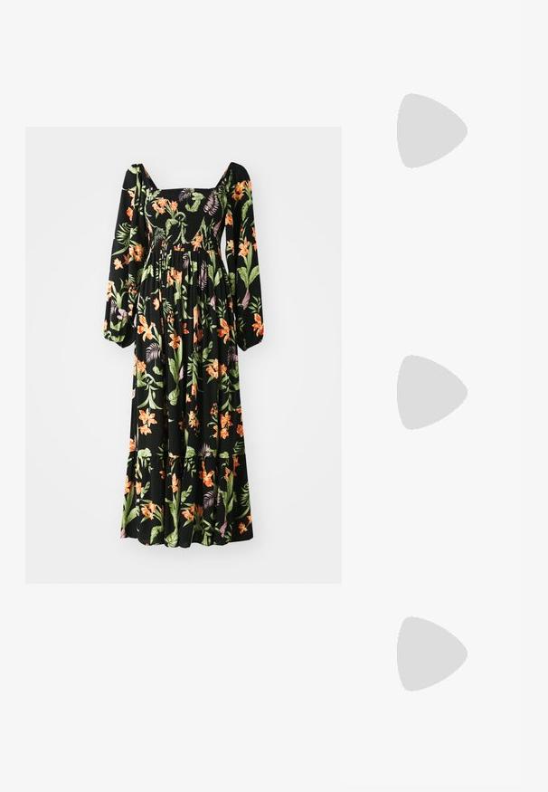 Robe noire à fleurs avec de longues manches bouffantes, décolleté carré, corsage smocké et motifs tropicaux vibrants orange et vert sur un tissu fluide.; Baskets blanches en toile avec deux sangles ajustables, bout noir et semelle en caoutchouc texturé. Portées avec un pantalon vert ample sur une surface bleue.; Sac bandoulière en daim vert olive avec sangle réglable et poche avant zippée sur fond blanc uni.; Paire de boucles d'oreilles créoles argentées brillantes avec fermoirs en fil fin, présentée sur un fond gris clair.