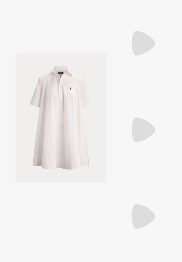 White short-sleeve polo dress with a collar, buttoned placket, and small navy blue embroidered logo on left chest.; Brown leather slide sandals with two adjustable straps, gold-tone buckles, and a flat wooden sole.; Brown suede crescent handbag with dark brown leather accents, gold-tone hardware, and a short shoulder strap.; Gold metal brooch featuring intricate scrollwork and a crown motif at the top, with “PL” initials prominently displayed in the center.