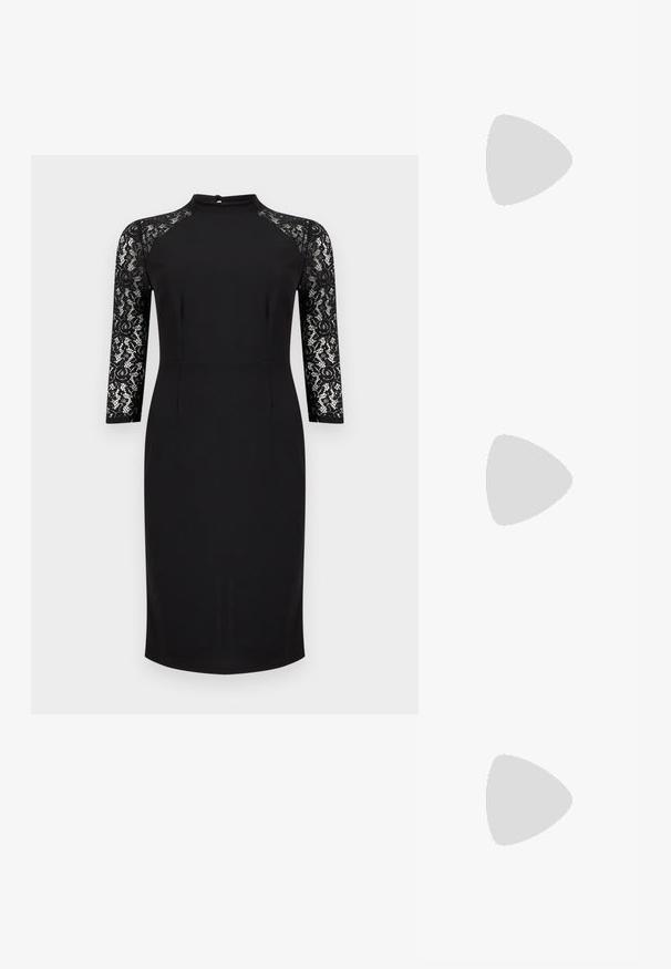 Robe noire mi-longue aux genoux avec manches trois-quarts en dentelle et petite fermeture à bouton au dos au niveau de l'encolure.; Sandale noire à talons hauts, avec une combinaison de daim doux et de panneaux en maille, dotée de brides croisées et d'une boucle à la cheville.; Sac à main en cuir synthétique blanc avec une forme triangulaire structurée, une bandoulière unique réglable et un rabat à courbes accentuées.; Lauren Ralph Lauren TWISTED ROPE PAVE HOOP - Boucles d'oreilles - gold-coloured