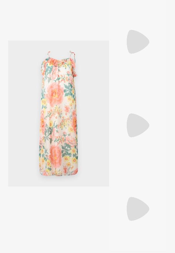 Blomster maxi kjole i pastelfarver, med volangstropper, en løs pasform og et let, gennemsigtigt stof med pink og gule blomstermønstre.; Even&Odd Wide Fit Sandaler - black; Brune skildpadde solbriller med en vintage katteøje-form og brune linser. Har buede arme med røde detaljer.; Sort læderhåndtaske med guldbælge og nitdetaljer, korte håndtag og en justerbar skulderrem på en ensfarvet hvid baggrund.