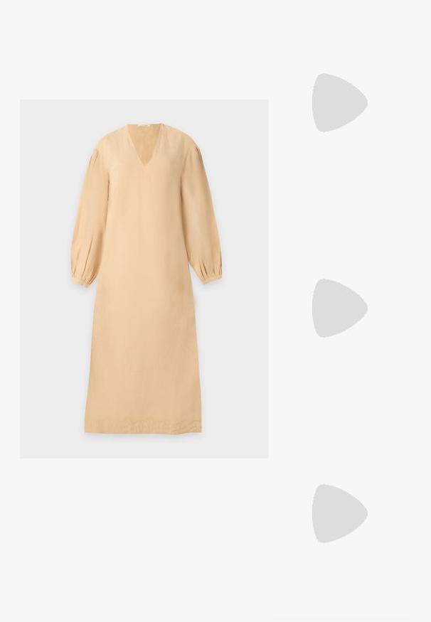 Beige long-sleeve midi dress with V-neck, gathered cuffs, and subtle embroidered detail along the hem on a light background.; Loeffler Randall LARA STRAPPY - T-bar sandals - timber; Woven straw tote bag with cream fabric handles and a large decorative cream bow on the front, set against a plain background.; Gold hoop earrings with dangling white pearls encased in gold and small clear crystals on a plain light background.
