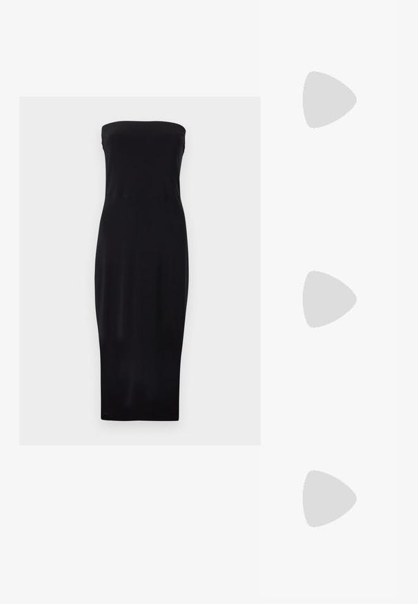 Black strapless midi dress with a fitted silhouette and straight neckline, displayed on a plain white background.; Black leather slingback pump with a pointed toe, gathered texture across the front, and a high stiletto heel.; Black pleated tote bag with a rounded shape, fabric material, and a knotted accent on the strap. Features a soft texture and minimalist design.; Black leather belt with a wide design. Features a decorative silver buckle and a textured finish. Adjustable length with a simple fastening.