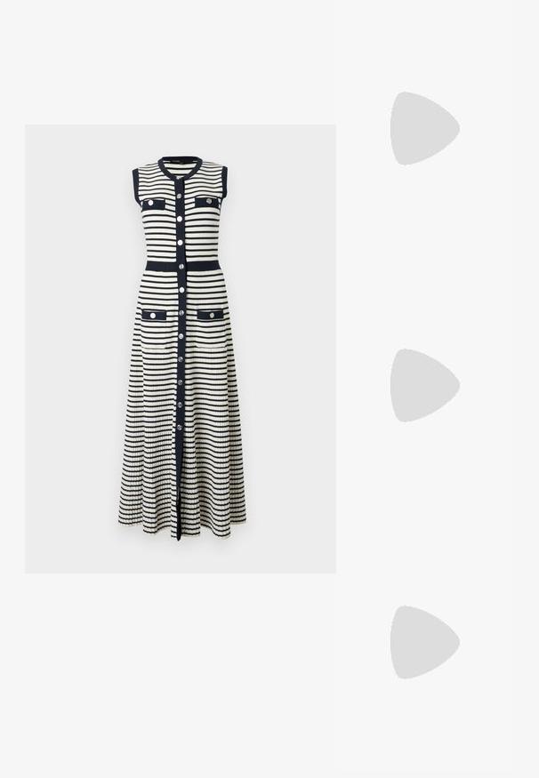 Robe en maille sans manches, longueur complète, avec des rayures horizontales noires et blanches, boutons argentés sur le devant, quatre poches à rabat et bordures noires.; Chaussure slingback en cuir verni noir à bout pointu avec bride en T et petit talon bloc incliné sur fond blanc.; Un cardigan en maille noir, un haut blanc, une jupe en denim avec un motif de diamants bleus et noirs, un sac à main noir et des sandales à enfiler beiges.; Boucles d'oreilles en argent en forme de créoles avec des accents de perles et de cristaux, présentant une surface texturée et une fermeture à tige sécurisée.
