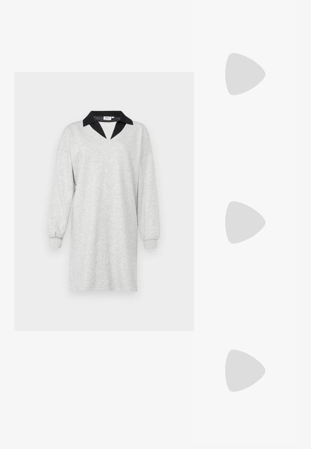 Halljas hall kleit pehmest kangast, millel on must V-kaelus ja pikad kitsenevad varrukad elastsete mansettidega. Lihtne ja juhuslik disain.; Mustad must kõrged kontsad, õhulise pahklöökrihma ja kahe esise riba salguga. Valmistatud siledast nahast, millel on elegantne terav varvas ja stiletokonts.; Mustad mustad mustade, elegantsest ristkülikukujulisest raamistikust ja sinistest objektiividest. Omab siledat tekstuuri ja tugevaid templeid. Kaubamärgi logo küljel.; Väike must läikiv käekott kahe pika sangaga ja külgedel paelakinnitustega, ühel lihtsal helel taustal.