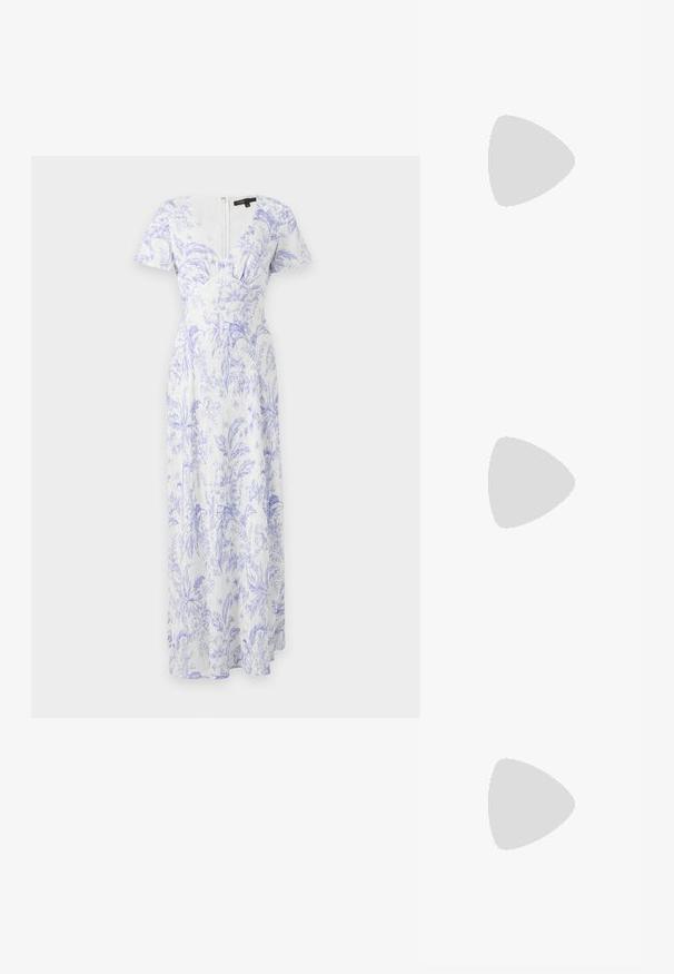 Robe maxi blanche à manches courtes avec motif floral violet, décolleté en V et taille cintrée avec fermeture éclair au dos.; Ballerines en cuir noir avec un bout rond, texture lisse, détails de couture minimalistes et design de semelle flexible.; Sac seau en paille tressée avec motif texturé et bandoulière en cuir, présenté debout sur un fond clair uni.; Boucles d'oreilles créoles en or avec des perles blanches pendantes serties d'or et de petits cristaux clairs sur un fond clair uni.