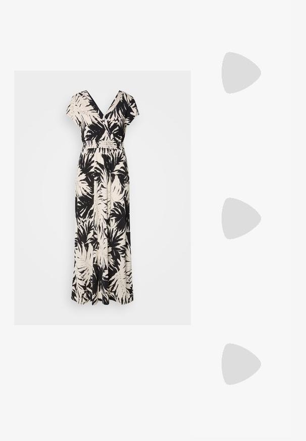Sort og creme maxi kjole med v-hals, korte ærmer, elastisk talje og palmebladmønster over det hele. Fremstillet af letvægtsstof.; Beige højhælede sandaler med en slank ankelrem og firkantet tå. Glat syntetisk materiale, minimalistisk design og stiletto-hæl.; Brun ruskind crossbody taske med et vævet design, lynlåslukning og en justerbar rem. Har en slank, rektangulær form.; Sølv stjerneformede øreringe med en glat, poleret finish på en ensfarvet hvid baggrund.