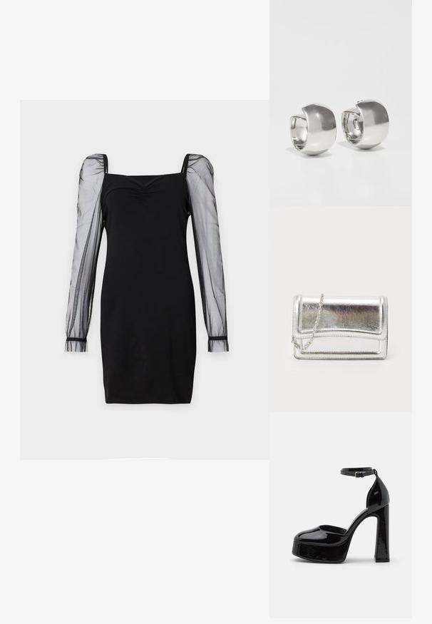 Schwarzes Kleid mit quadratischem Ausschnitt, tailliertem Oberteil und durchsichtigen langen Puffärmeln mit Bündchen. Glatte Textur mit schicker Silhouette.; Schwarze Lackleder-Plateau-Absätze mit einem Knöchelriemen, runder Zehenform und Blockabsatz, die eine glatte, glänzende Textur präsentieren.; Silberne metallische Clutch-Tasche mit glatter Textur, Klappenverschluss und Kettenriemen. Verfügt über ein strukturiertes rechteckiges Design und gestickte Akzente.; Uncommon Matters SCULPTURAL LARGE CREOLE - Ohrringe - silver-coloured