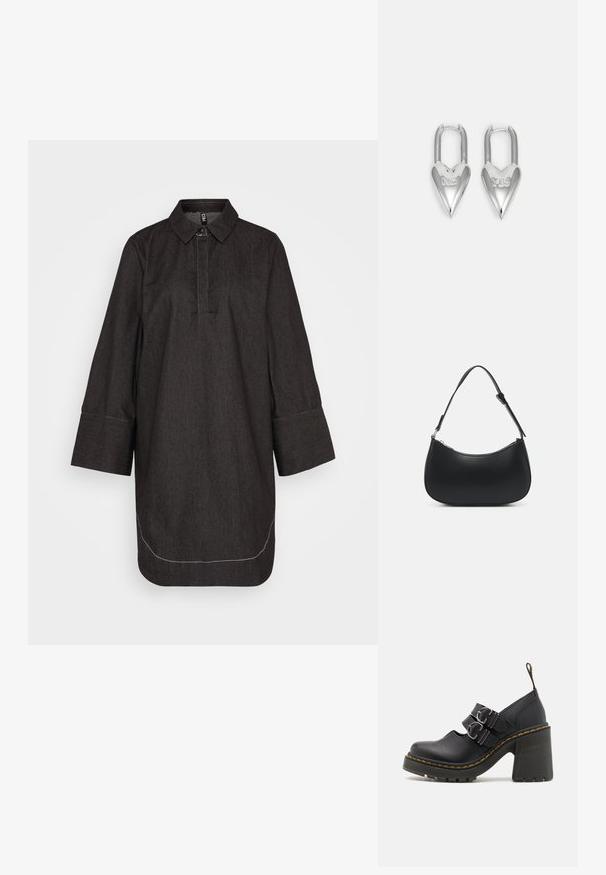 Pieces PCOLEO - Robe de jour - black/white; Chaussures à talons hauts noires avec une semelle texturée, dotées de deux boucles en argent, de surpiqûres jaunes et d'une boucle à l'arrière pour un enfilage facile.; Pieces PCALUANA SHOULDER BAG - Sac à main - black; Avgvst YES NO HEART LOCK EARRINGS - Boucles d'oreilles - silver-coloured