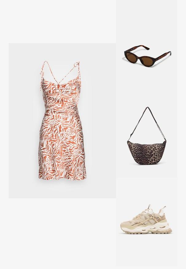 Oranje en witte zebra print jurk van lichtgewicht stof, met dunne verstelbare schouderbanden en een aansluitend lijfje met een uitlopende rok.; Beige en witte chunky sneaker met dikke zool, mesh- en leren panelen, ovale uitsparingen in de tussenzool, trekriemen op de tong en hiel.; Bruine schildpad zonnebril met een vintage cat-eye vorm en bruine lenzen. Heeft gebogen armen met rode accenten.; Tasje van leopardprint stof met een gebogen vorm, dunne schouderriem en ritsclosures. Natuurlijke tinten van beige en donkerbruin. Glad textuur.