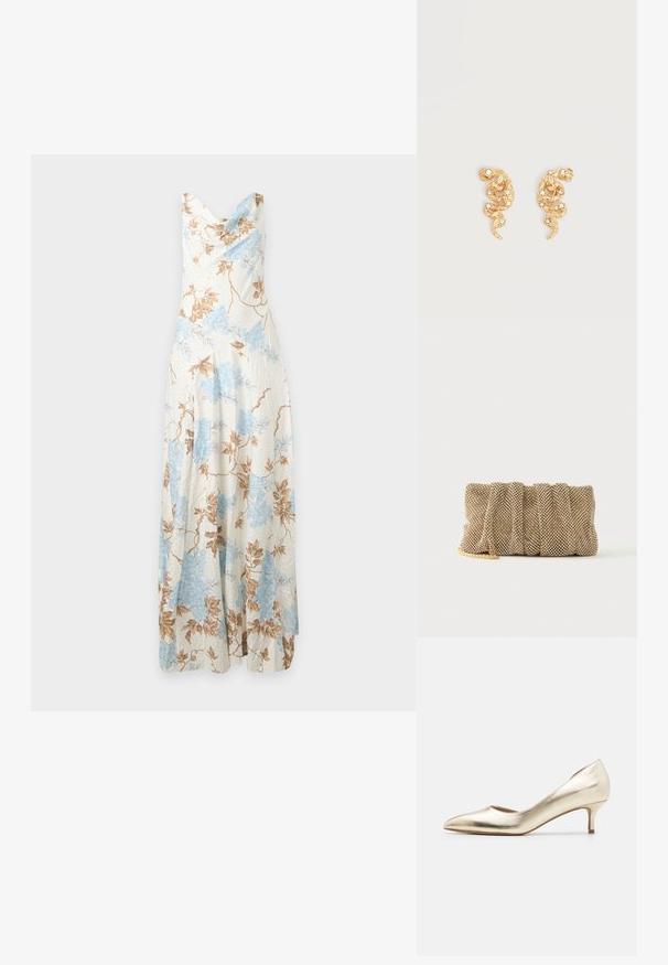 Lang hvid kjole med blåt og brunt blomsterprint og ærmeløs design mod en ensfarvet lys baggrund.; Metallic guld højhælede pumps med spids tå, slank hæl, glat tekstur og minimale syninger på overdelen.; Lille gylden mesh clutch taske med et rynket design og en delvist synlig guldkæde på en ensfarvet hvid baggrund.; Øreringe i guldfarve formet som slanger, pyntet med små klare krystaller på en ensfarvet lys baggrund.