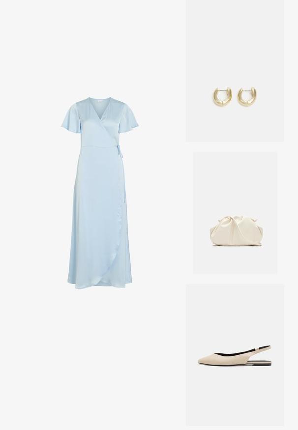 Lyseblå omslagskjole med korte flutterærmer, V-udskæring og detaljer med knude i siden, med en flydende midi-længde nederdel.; Beige læder slingback flade sko med spidse tæer, minimalisk design, glat tekstur og en lav sort sål.; Blød, cremefarvet læder clutch taske med samlet, rynket design og en tynd skulderrem, der hviler foran på en ensfarvet baggrund.; Guld-tone hoop øreringe med en glat, poleret overflade. Har en halvcirkelform og en sikker stiftlukning.