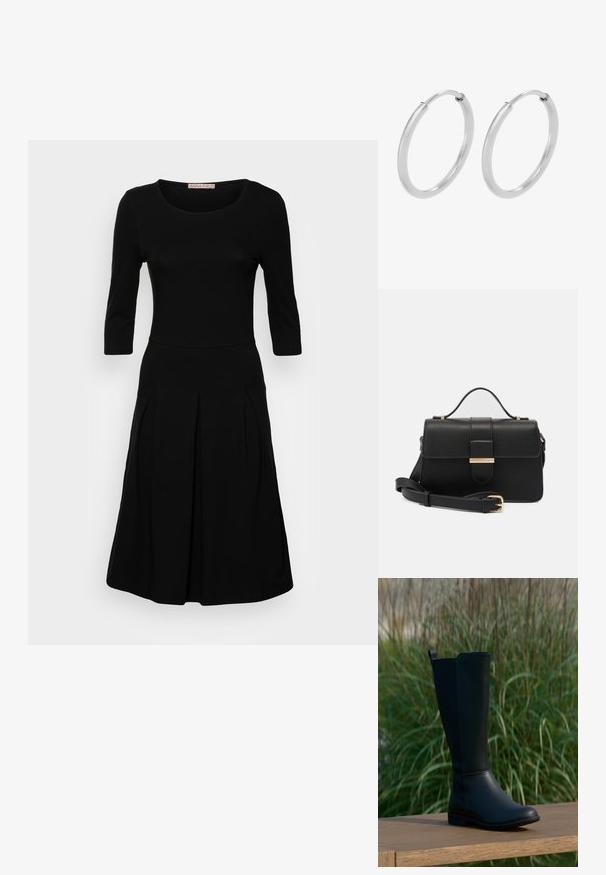 Robe noire jusqu'aux genoux avec des manches trois-quarts, un col rond et une jupe plissée. Fabriquée en matériau doux et extensible. Sans motifs ni accents.; Botte noire montant jusqu'au genou en cuir lisse avec un bout arrondi et une semelle plate. Présente un design simple avec une languette de tirage en haut.; Sac à main en cuir noir avec des accents métalliques dorés, forme rectangulaire, fermeture à rabat, bandoulière réglable, texture lisse, design minimaliste.; Boucles d'oreilles en argent, de forme circulaire, avec une texture lisse et brillante, et une largeur constante. Design minimaliste sans accents supplémentaires.