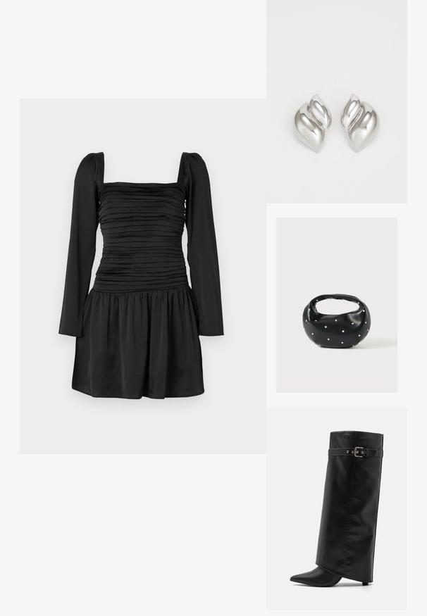 Schwarzes Kleid mit langen Ärmeln, quadratischem Ausschnitt und gerafftem Oberteil. Ausgestellter Rock mit gerafftem Stoff an der Taille. Glatte Textur.; Even&Odd by Zalando High Heel Stiefel - black; Schwarze Lederhandtasche mit abgerundeter Form, verziert mit silbernen Nietenakzenten und kurzem Griff. Glatte Struktur und Reißverschlussverschluss.; Silberne Ohrringe mit einer organischen, abstrakten Form. Glatte, glänzende Oberfläche mit einem konischen Design. Mit dezenten Kurven und einem zentralen Linienelement.