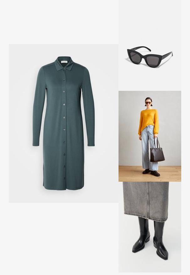 Langærmet skjorte-kjole i en dæmpet teal farve. Fremstillet af glat stof med krave og sidespalter i kanten.; Sorte læder cowboy støvler med spids tå og kraftig hæl, der har en glat finish og slankt design, parret med en grå nederdel.; Sorte cat-eye solbriller med mat finish, der har grå tonede linser, skarpe vinkler og slanke sidearme. Mærkenavnet er synligt på den indre arm.; Orange striktrøje, lyseblå brede bukser, sort læder tote taske og kraftige sorte platform sko. Minimalistisk design, blød tekstur.