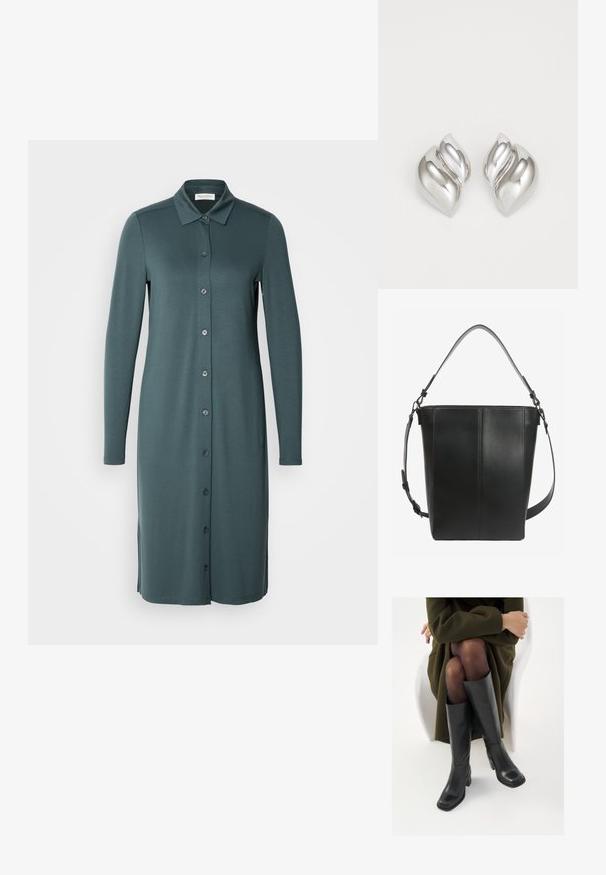 Langärmliges, button-down Kleid in einem gedämpften Türkis. Hergestellt aus glattem Stoff mit einem Kragen und seitlichen Schlitzen am Saum.; Knöchelhöhe schwarze Lederstiefel mit quadrater Spitze und Blockabsatz, gezeigt mit einem Modell, das einen olivgrünen Mantel trägt. Glatte Textur, minimale Details.; Schwarze Leder-Bucket-Bag mit zwei verstellbaren Schulterriemen und minimalen Nahtdetails auf schlichtem Hintergrund.; Silberne Ohrringe mit einer organischen, abstrakten Form. Glatte, glänzende Oberfläche mit einem konischen Design. Mit dezenten Kurven und einem zentralen Linienelement.
