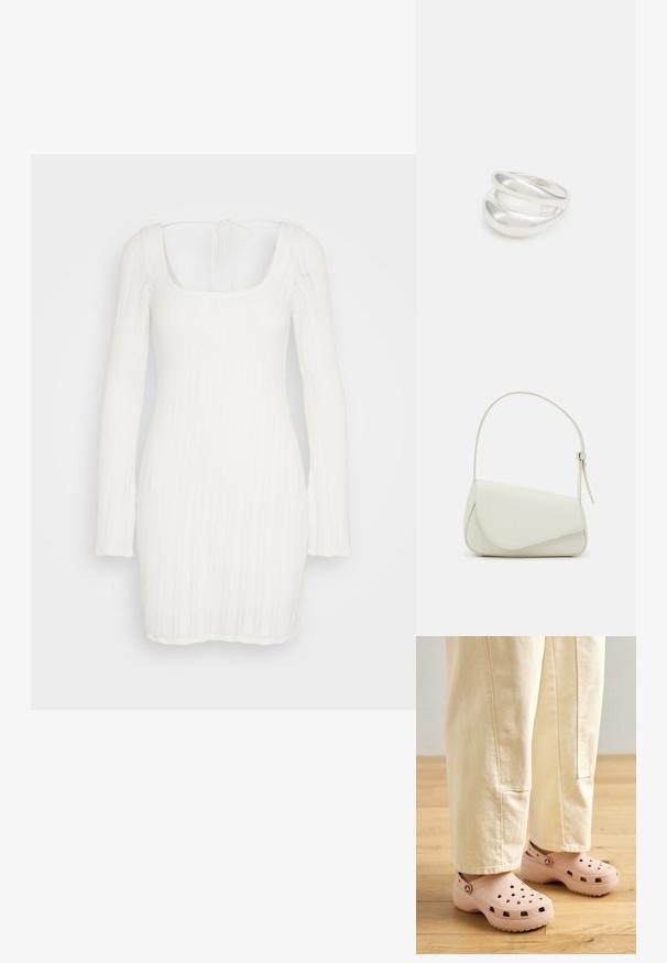 Hollister Co. SHORT DRESS - Hverdagskjole - antique white; Lyserøde trædestøvler lavet af gummi, med ventilationshullerne, en kontureret form og en struktureret sål for greb. Bæres med lyse beige bukser.; Hvid taske i faux læder med en struktureret trekantet form, enkelt justerbart skulderstrop og en flaplås med kurver.; Sølvring med dobbeltbånd og en glat, poleret overflade. Den har et flydende, buet design med overlappende sektioner for et moderne udtryk.