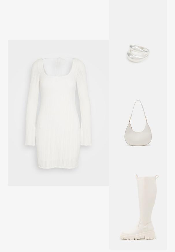 Hollister Co. SHORT DRESS - Robe de jour - antique white; Bottes en caoutchouc blanches jusqu'aux genoux avec une semelle épaisse et des panneaux élastiques sur les côtés. Elles sont dotées de languettes en haut pour un enfilage facile. Texture lisse.; Sac épaule en cuir crème en forme de croissant, avec une fine sangle et des détails de coutures subtils. Design minimaliste avec des accents en métal doré.; Bague en argent à double bande avec une surface lisse et polie. Présente un design fluide et courbé avec des sections qui se chevauchent pour un look moderne.