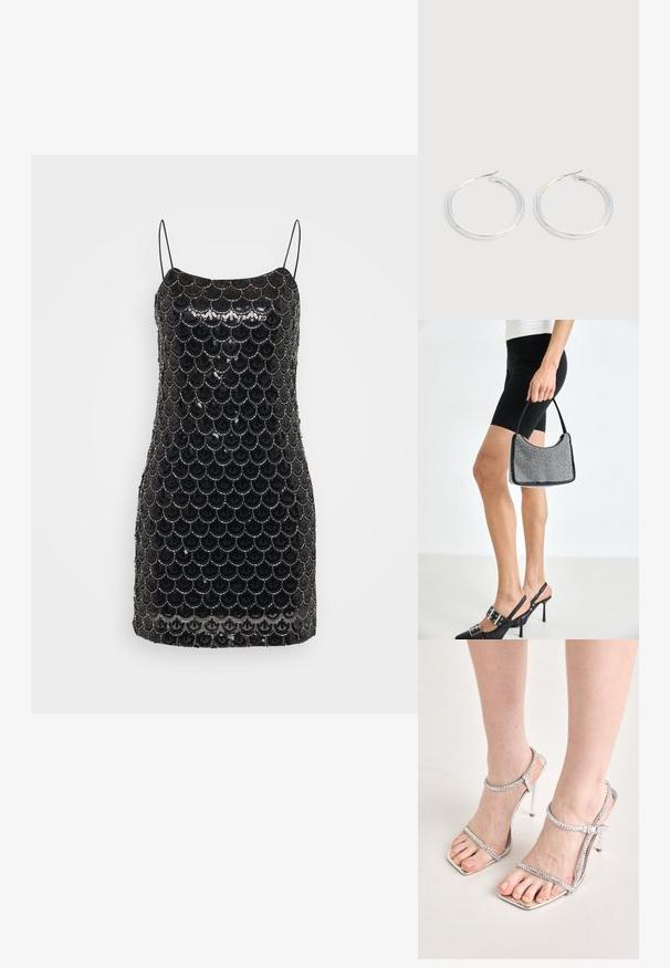 Vestido negro de lentejuelas con un diseño ajustado con un patrón similar a escamas, tirantes finos y escote recto. Superficie texturada y brillante.; Pies que llevan sandalias de tacón alto plateadas con correas finas y puntas cuadradas, de pie sobre una superficie de color claro.; Bolso de cuentas negras con una silueta curva, asa de transporte y textura brillante. Llevado con zapatos de tacón altos negros y pantalones cortos negros ajustados.; Pareja de pendientes de aro plateados brillantes con cierres de alambre delgado, mostrados sobre un fondo gris claro.