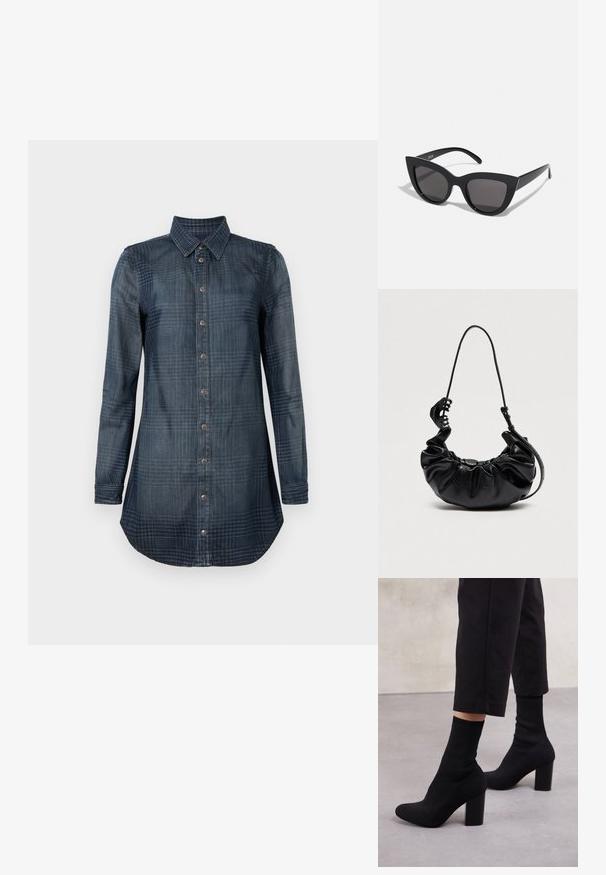 Πουκάμισο από denim, σκούρο μπλε με καρό σχέδιο, μακριά μανίκια, εμπρός με κουμπιά και κλασικό γιακά. Ελαφρώς στρογγυλεμένη τελείωμα.; Μαύρες γόβες μποτάκια με τακούνι, με πλεχτό επάνω μέρος σαν κάλτσα, λεία επιφάνεια, στρογγυλή μύτη και στιβαρό τετράγωνο τακούνι για σταθερότητα.; Μαύρα γυαλιά ηλίου με σχήμα γατίσιας ματιού και ματ φινίρισμα, με γκρι φακούς και αιχμηρές γωνίες, καθώς και κομψά μπράτσα. Το όνομα της μάρκας είναι ορατό στο εσωτερικό του μπράτσου.; Μαύρη τσάντα χειρός από δέρμα με ρυτιδώσεις, ρυθμιζόμενο ιμάντα ώμου και μεγάλο μαύρο κλιπ μαλλιών προσαρμοσμένο στον ιμάντα, σε απλό φόντο.