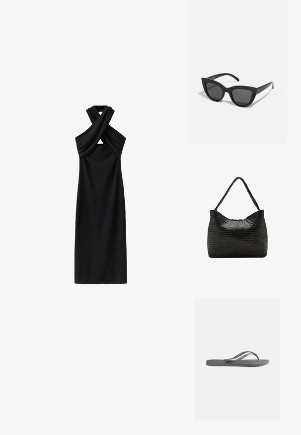 Schwarzes ärmelloses Midikleid mit strukturiertem Stoff und einem verdrehten Neckholder-Ausschnitt, der einen kleinen Frontausschnitt schafft.; Flache graue Flip-Flop-Sandale mit strukturiertem Fußbett und dünnen Y-förmigen Riemen, von der Seite vor einem schlichten hellen Hintergrund gezeigt.; Schwarze Cat-Eye-Sonnenbrille mit matter Oberfläche, grauen getönten Gläsern, scharfen Kanten und schlanken Bügeln. Der Markenname ist auf dem inneren Bügel sichtbar.; Schwarze Schultertasche aus gewebtem Leder mit einem einzelnen geflochtenen Griff und einer weichen, abgerundeten rechteckigen Form.