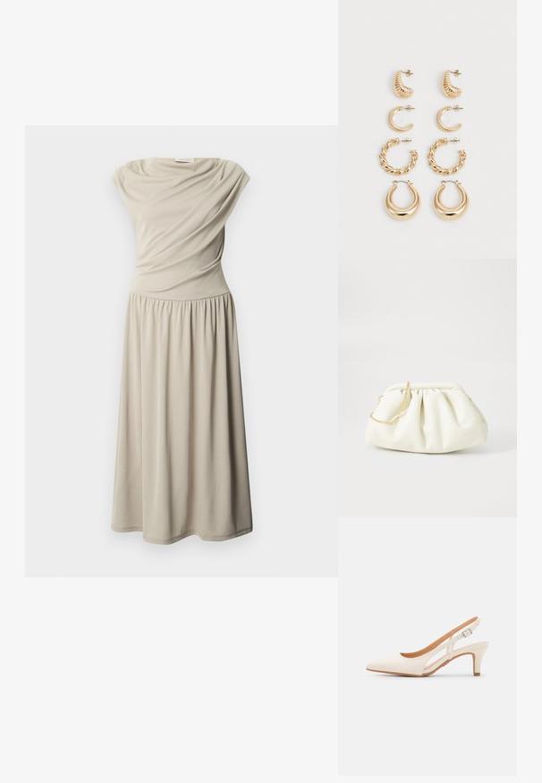 Ærmeløs beige midi-kjole med indsnævret talje og draperede stofdetaljer på overdelen, vist på en ensfarvet hvid baggrund.; Hvide slingback hæle med spids tå, glat overmateriale, lav blokhæl og sideudskæringsdesign med justerbar spænderem.; Hvid læderhåndtaske med en samlede design, forsynet med en guldkæde-strop og en rund form. Glat tekstur med bløde folder og ingen mønstre.; Sæt af fem guldøreringe med forskellige designs: snoede, ribbede og glatte overflader i hoop- og halvmåneformer.