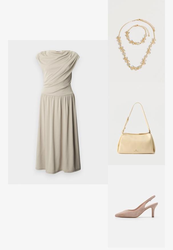 Ærmeløs beige midi-kjole med indsnævret talje og draperede stofdetaljer på overdelen, vist på en ensfarvet hvid baggrund.; Slingback højhælet sko i blød beige ruskind, spids tå, slank hæl og justerbar ankelrem med en rund spænde.; Beige rektangulær skuldertaske med justerbar rem og lynlås, med en lille "Anna Field"-logo midt foran.; Halskæde- og armbåndssæt i guldfarve med klare krystalblomster- og bladdesigns, begge med justerbare kædelåse på en hvid baggrund.