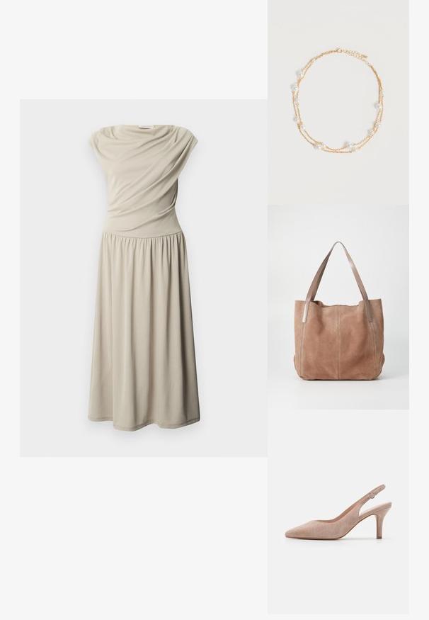 Mouwloze beige midi-jurk met een geplooide taille en gedrapeerde stoffen details op het lijfje, weergegeven tegen een effen witte achtergrond.; Slingback hoge hak schoen in zacht beige suède, spitse neus, slanke hak en verstelbare enkelband met een ronde gesp.; Anna Field by Zalando LEATHER - Shopper - taupe; Delicate dubbel gelaagde gouden ketting met gelijkmatig verdeelde kleine witte pareltjes op een eenvoudige lichte achtergrond.