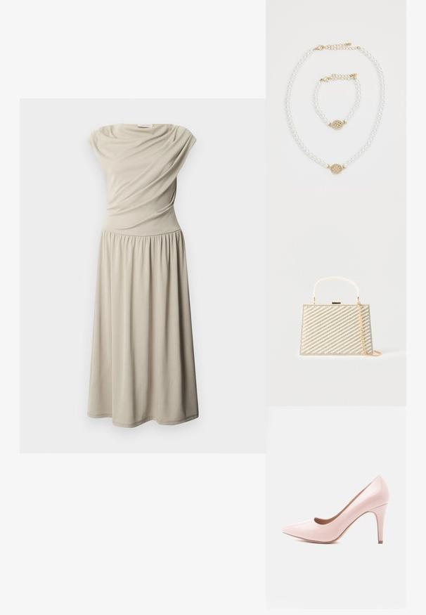 Robe midi beige sans manches avec taille froncée et détail de tissu drapé sur le buste, présentée sur un fond blanc uni.; Chaussure à talon haut en cuir verni rose, à bout pointu et talon fin. Texture lisse avec une finition brillante. Aucun accent ou motif visible.; Sac de soirée rectangulaire en or avec des rangées diagonales de perles et de strass, poignée supérieure et bandoulière en chaîne dorée sur fond blanc.; Collier en perles et bracelet assorti avec fermoirs en or et petit charm rond en or décoré de petits cristaux sur fond blanc.