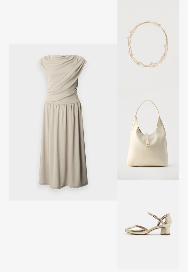 Robe midi beige sans manches avec taille froncée et détail de tissu drapé sur le buste, présentée sur un fond blanc uni.; Chaussures à talons en métal doré avec un bout arrondi, une sangle de cheville et un talon bloc. Texture lisse avec une finition brillante et un design à sangles croisées.; Sac hobo en cuir couleur crème avec une seule bandoulière, texture lisse et un détail de fermoir doré à l'avant.; Collier délicat à double chaîne en or avec de petites perles blanches espacées régulièrement sur un fond clair uni.