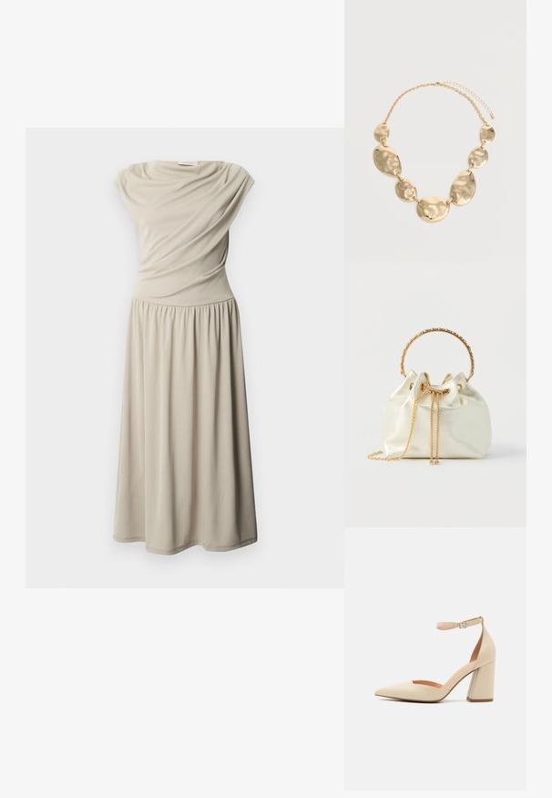 Ærmeløs beige midi-kjole med indsnævret talje og draperede stofdetaljer på overdelen, vist på en ensfarvet hvid baggrund.; Beige patentlæder højhælede pumps med spids tå, ankelrem og kraftig hæl. Glat tekstur med minimale syninger.; Cremefarvet håndtaske med snøre og guld kædestrop samt tekstureret guld cirkulært håndtag på hvid baggrund.; Guldtonet kædehalskæde med seks uregelmæssige, hamret ovale og runde metalplader forbundet sammen og justerbar lås.