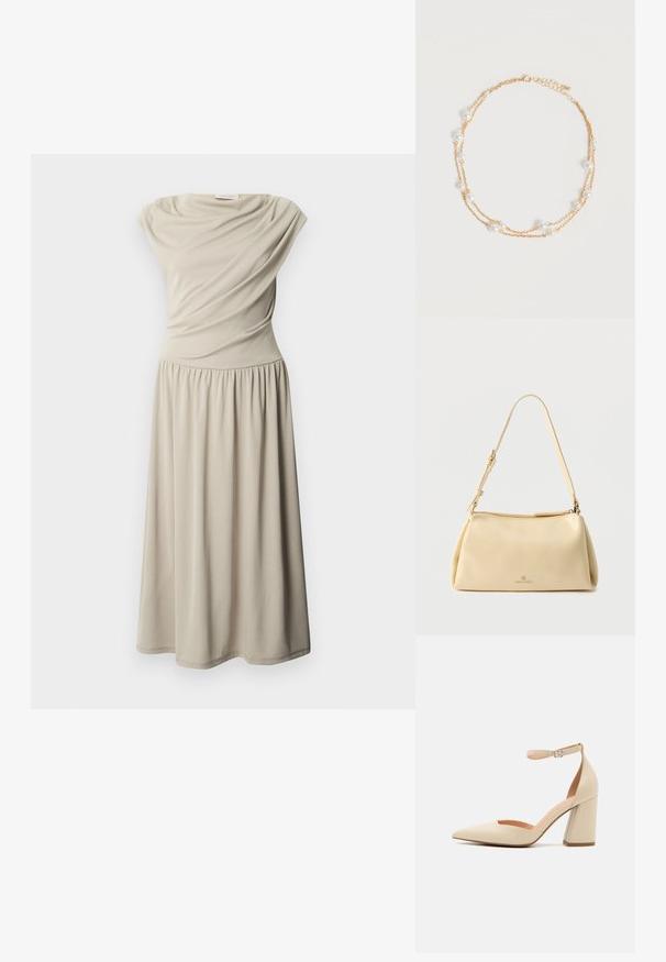 Ærmeløs beige midi-kjole med indsnævret talje og draperede stofdetaljer på overdelen, vist på en ensfarvet hvid baggrund.; Beige patentlæder højhælede pumps med spids tå, ankelrem og kraftig hæl. Glat tekstur med minimale syninger.; Beige rektangulær skuldertaske med justerbar rem og lynlås, med en lille "Anna Field"-logo midt foran.; Delikat dobbeltlags guldkæde med jævnt fordelt små hvide perler på en ensartet lys baggrund.