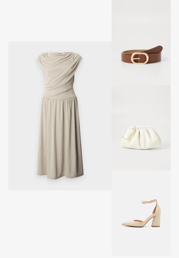 Ärmelloses beiges Midikleid mit geraffter Taille und drapierten Stoffdetails am Oberteil, auf weißem, einfarbigem Hintergrund dargestellt.; Beige Lackleder-High-Heel-Pumps mit spitzen Zehen, Knöchelriemen und dicker Absatzhöhe. Glatte Textur mit minimalen Steppdetails.; Weiße Lederhandtasche mit einem gerafften Design, ausgestattet mit einem goldenen Kettenriemen und einer runden Form. Glatte Textur mit sanften Falten und ohne Muster.; Brauner Ledergürtel mit einer goldenen ovalen Schnalle und genähten Details. Glatte Textur mit einem minimalistischen Design und spitz zulaufendem Ende.