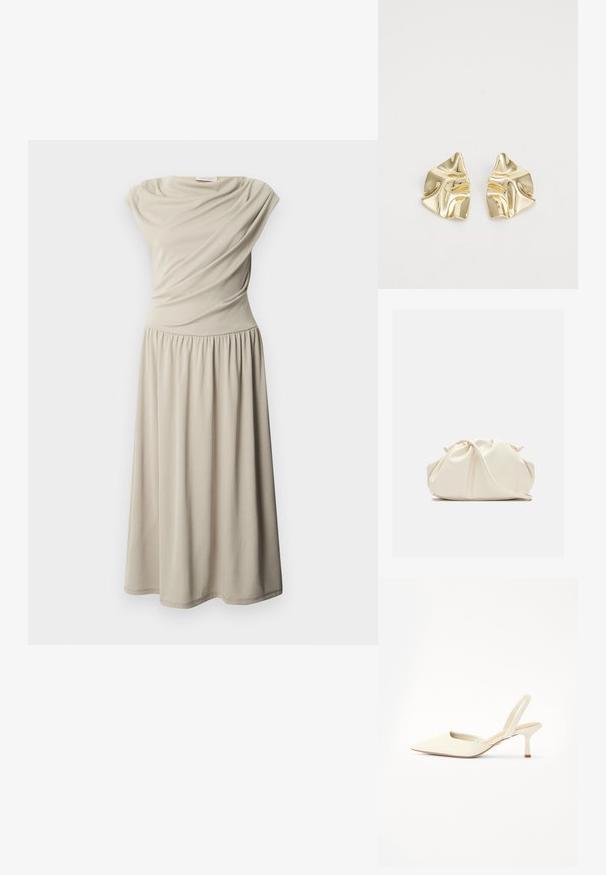 Robe midi beige sans manches avec taille froncée et détail de tissu drapé sur le buste, présentée sur un fond blanc uni.; Escarpin à bout pointu avec bride arrière en matériau lisse blanc cassé à légère brillance, doté d'un talon fin et d'un design minimaliste.; Pochette en cuir souple couleur crème avec un design froncé et une fine bandoulière reposant à l’avant sur un fond uni.; Boucles d'oreilles en métal doré avec un design ondulé ; surface lisse et réfléchissante ; forme asymétrique ; sans motifs ni éléments visibles.
