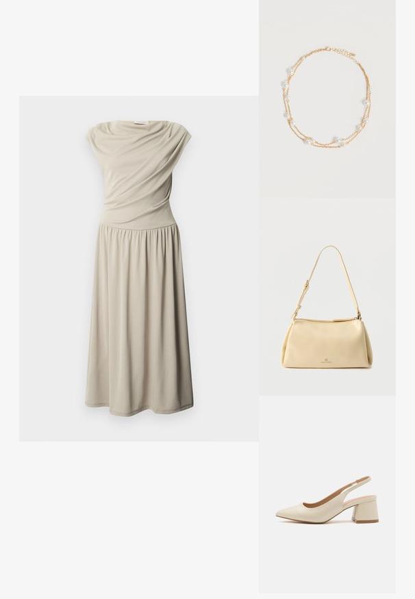 Ærmeløs beige midi-kjole med indsnævret talje og draperede stofdetaljer på overdelen, vist på en ensfarvet hvid baggrund.; Spids tå slingback pump i lys beige læder med en lav blokhæl. Har et udskåret design og glat tekstur.; Beige rektangulær skuldertaske med justerbar rem og lynlås, med en lille "Anna Field"-logo midt foran.; Delikat dobbeltlags guldkæde med jævnt fordelt små hvide perler på en ensartet lys baggrund.
