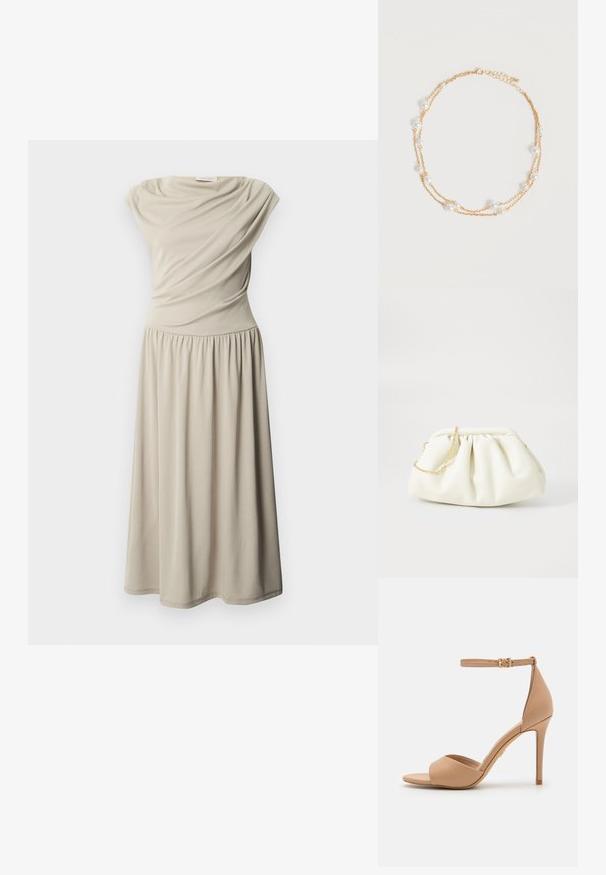 Mouwloze beige midi-jurk met een geplooide taille en gedrapeerde stoffen details op het lijfje, weergegeven tegen een effen witte achtergrond.; ALDO CRERIDE PILLOW WALK - Sandalen - beige; Witte leren handtas met een geassembleerd ontwerp, voorzien van een gouden kettingband en een ronde vorm. Gladde textuur met zachte plooien en geen patronen.; Delicate dubbel gelaagde gouden ketting met gelijkmatig verdeelde kleine witte pareltjes op een eenvoudige lichte achtergrond.