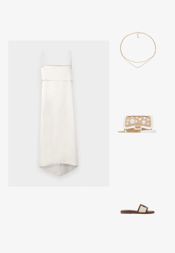Malina METTE OPEN BACK STRAPPY - Gallakjole - vanilla; Brune læderslidesandal med en beige vævet overdel, flad sål og rund tå. Designet inkluderer en logoakcent på remmen.; Beige vævet håndtaske med hvidt blomsterbroderi, hvid frynsekant, guld twist-lås og guld kæderem med hvidt læder skulderstrop.; Guldtoned lagd necklace med to strenge, en med perler og den anden med en central cirkulær detalje. Justerbar kæde lukning.